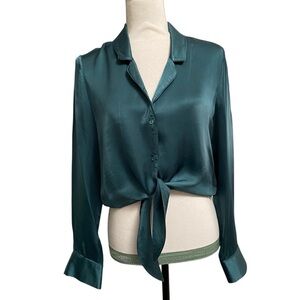 Wilfred Cupro Tie-Front Blouse S Marine Aqua Button Silk-Like Shirt Aritzia